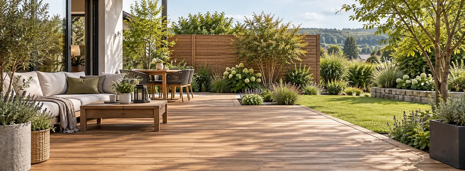 Moderne Holzterrasse mit Sichtschutz in einem nat&uuml;rlich gestalteten Garten