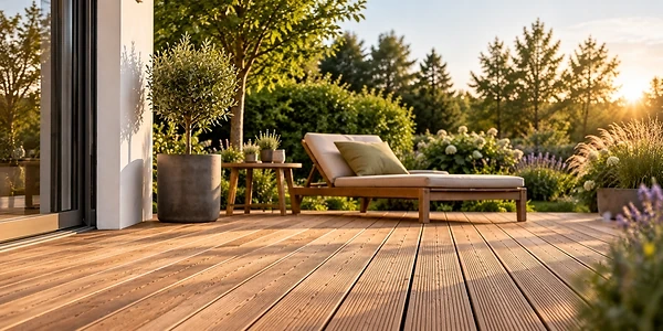 Moderne Gartenterrasse mit hochwertigen Terrassendielen aus Holz. Inspiration f&uuml;r die Gestaltung von Terrasse und Au&szlig;enbereich.
