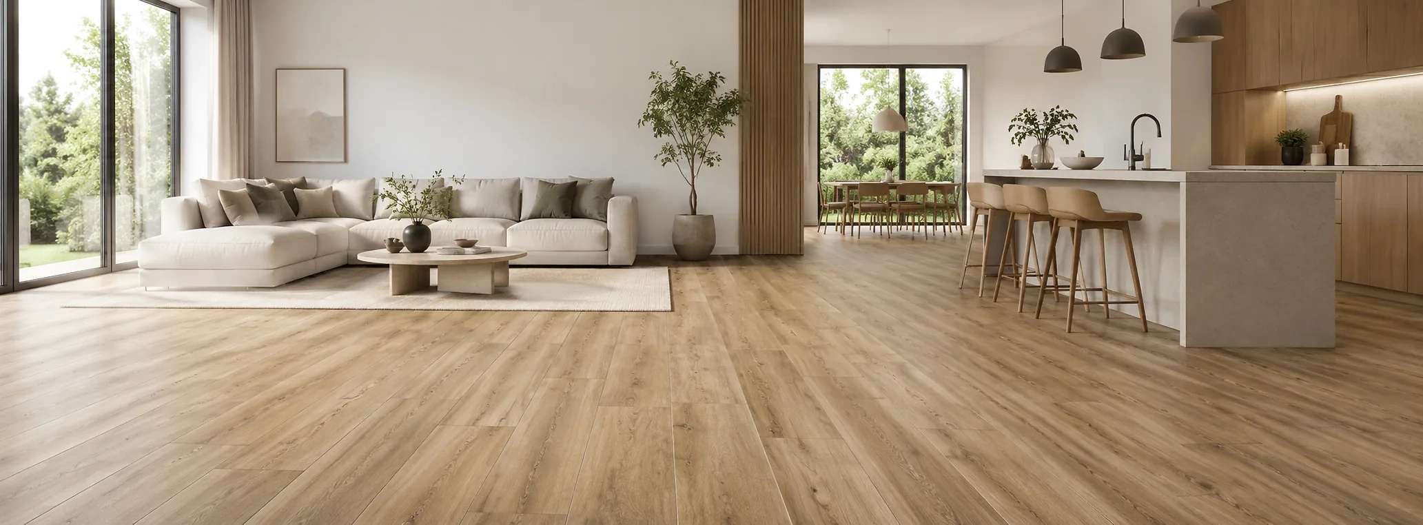 Heller moderner Wohnraum mit Vinylboden in nat&uuml;rlicher Holzoptik. Der Boden verbindet eine wohnliche Ausstrahlung mit pflegeleichter und alltagstauglicher Oberfl&auml;che.