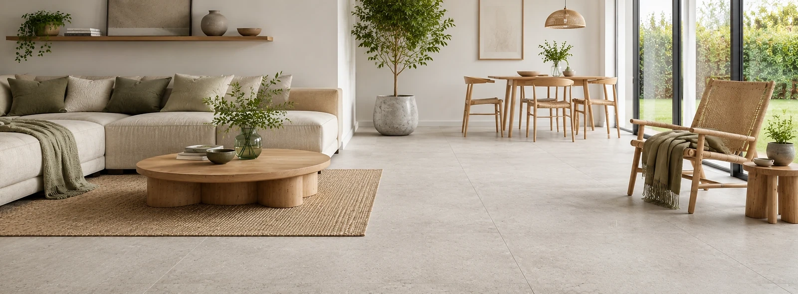 Heller moderner Wohnraum mit Korkboden in Stein- und Fliesenoptik. Die helle mineralische Oberfl&auml;che verbindet die moderne Wirkung von Stein und Fliesen mit dem angenehmen Wohnkomfort eines Korkbodens.