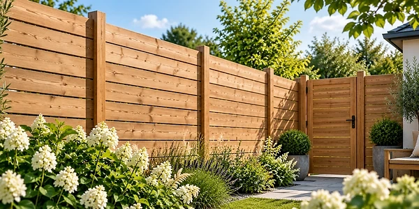 Moderner Garten mit Sichtschutzzaun und Gartentor aus Holz. L&ouml;sungen f&uuml;r Sichtschutz, Grundst&uuml;ckseinfriedung und Gartengestaltung.