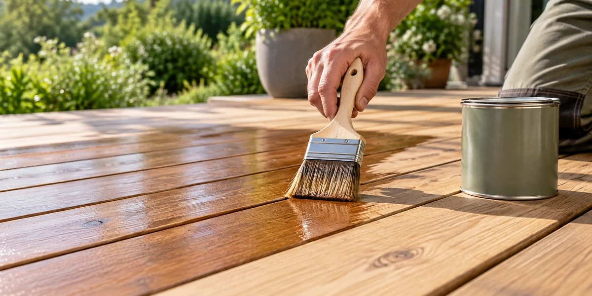 Terrassen&ouml;l wird mit einem Pinsel auf Holz-Terrassendielen aufgetragen.