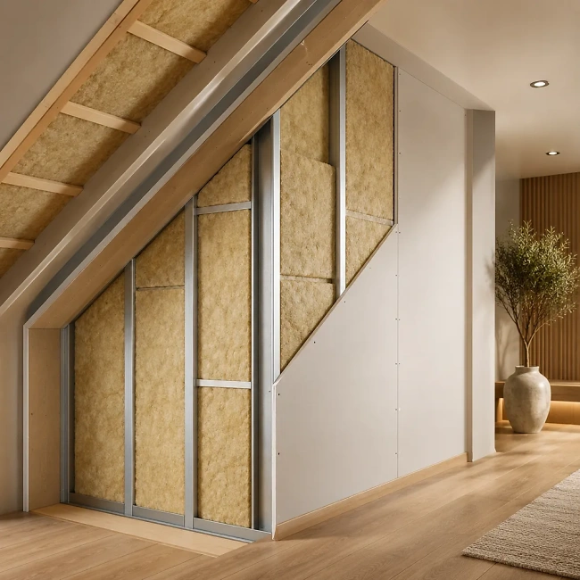 Hochwertige Darstellung eines modernen Wand- und Dachaufbaus mit sichtbarer D&auml;mmung und Trockenbau f&uuml;r energieeffizientes Bauen und Sanieren bei Leyendecker HolzLand.