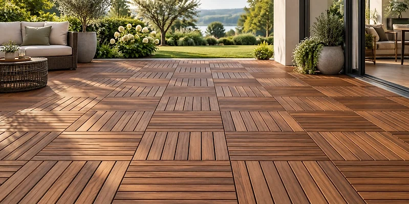 Quadratische Holz-Terrassenfliesen in warmem Braun mit abwechslungsreichem Verlegemuster