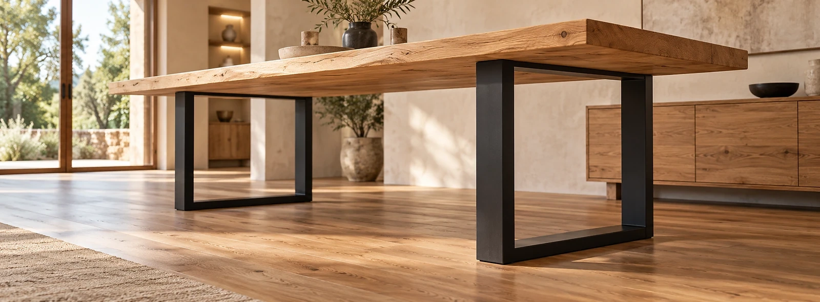 Massivholztisch mit schwarzen Metalluntergestellen in U-Form
