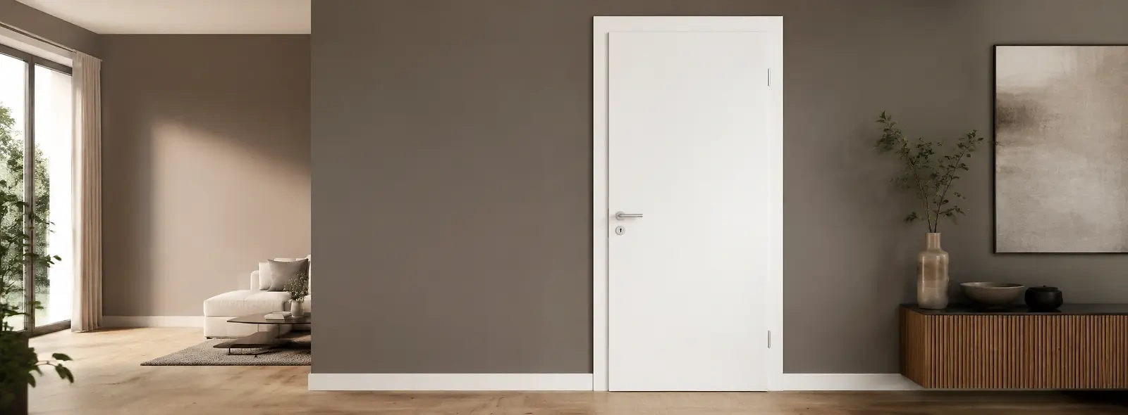 Glatte PR&Uuml;M Wei&szlig;lackt&uuml;r in RAL 9016 in modernem Wohnraum