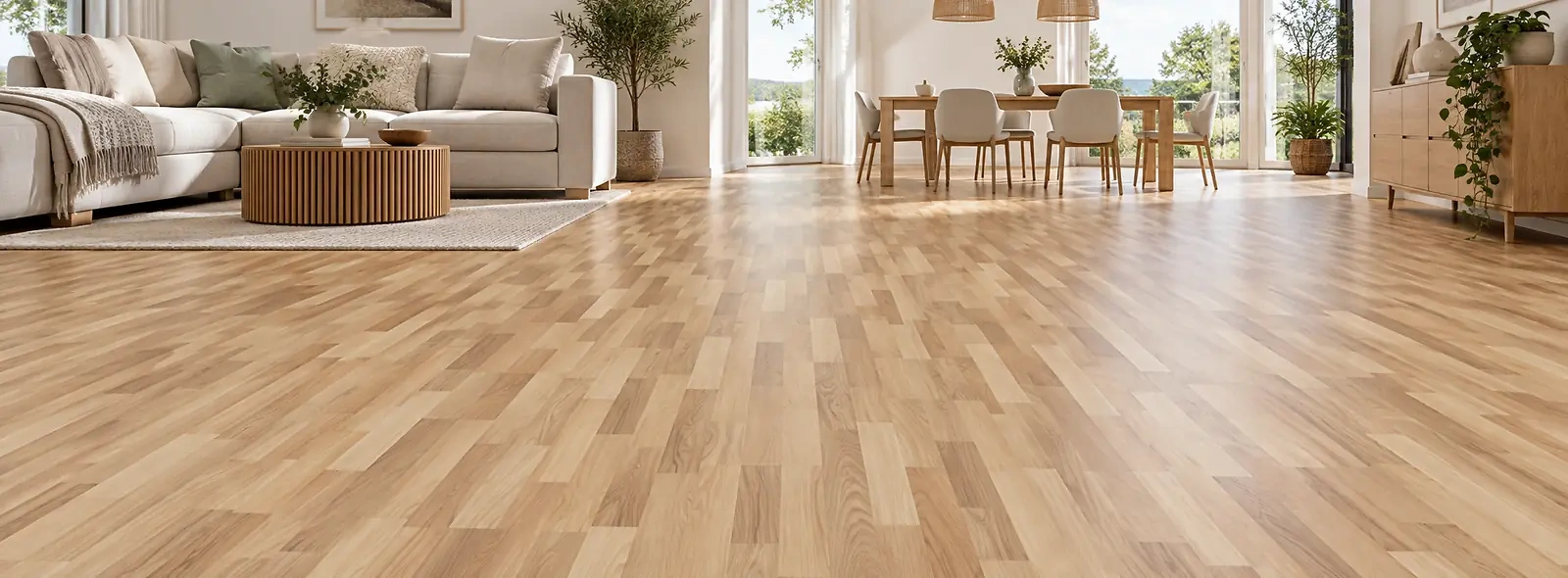 Laminat-Schiffsboden in lebendiger Holzoptik in einem modernen Wohnraum