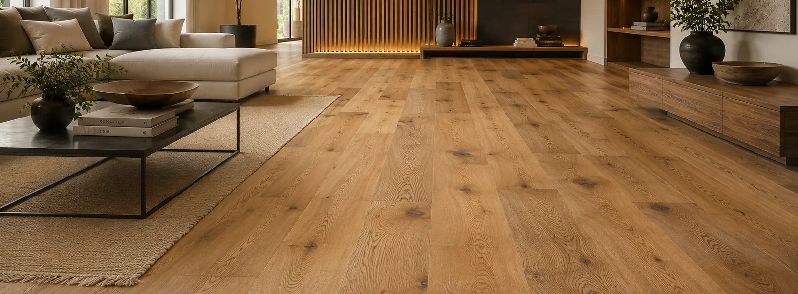 Hochwertiger Manufaktur-Parkettboden aus Eiche in einem modernen Wohnraum. Markante Maserung, nat&uuml;rliche &Auml;ste und eine charaktervolle Oberfl&auml;chenwirkung unterstreichen den individuellen Echtholzcharakter.