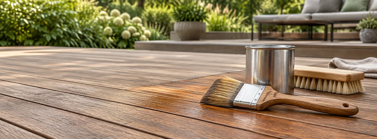 Holzterrasse mit Flachpinsel, Reinigungsb&uuml;rste und einem Metallgebinde zur Oberfl&auml;chenpflege.
