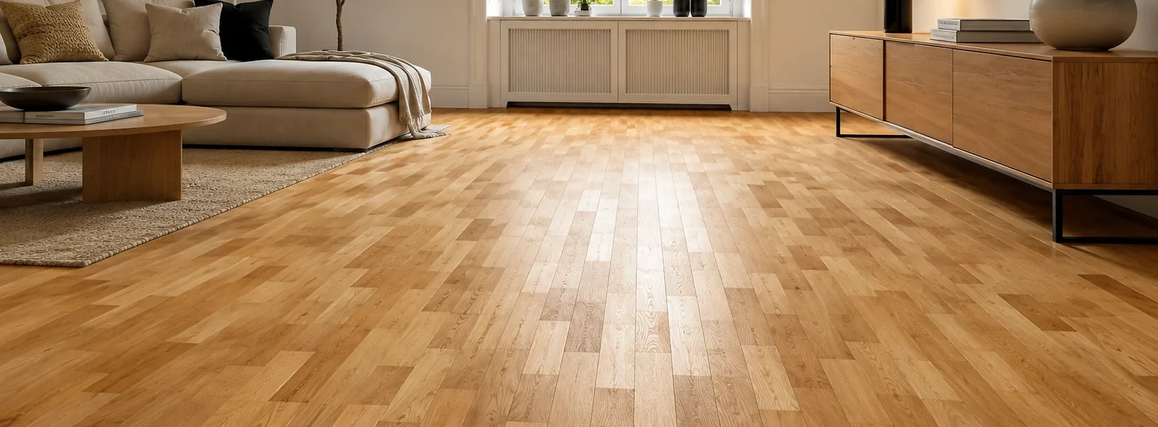 Hochwertiger Schiffsboden aus Eiche in einem modernen Wohnraum. Das lebendige Parkettbild mit versetzt angeordneten Holzlamellen sorgt f&uuml;r eine nat&uuml;rliche und wohnliche Raumwirkung.