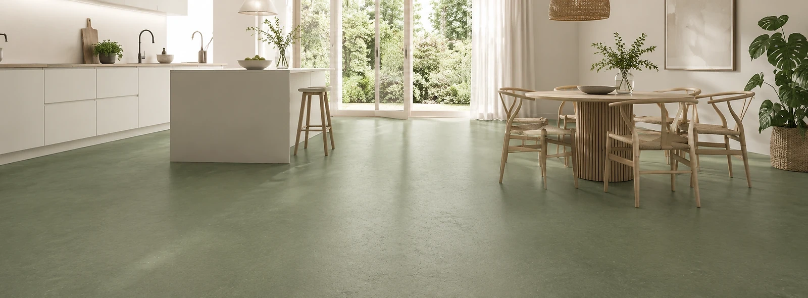 Moderner Wohn- und K&uuml;chenbereich mit Linoleumboden. Linoleum verbindet nat&uuml;rliche Rohstoffe mit einer pflegeleichten, langlebigen Oberfl&auml;che und vielseitigen Gestaltungsm&ouml;glichkeiten.