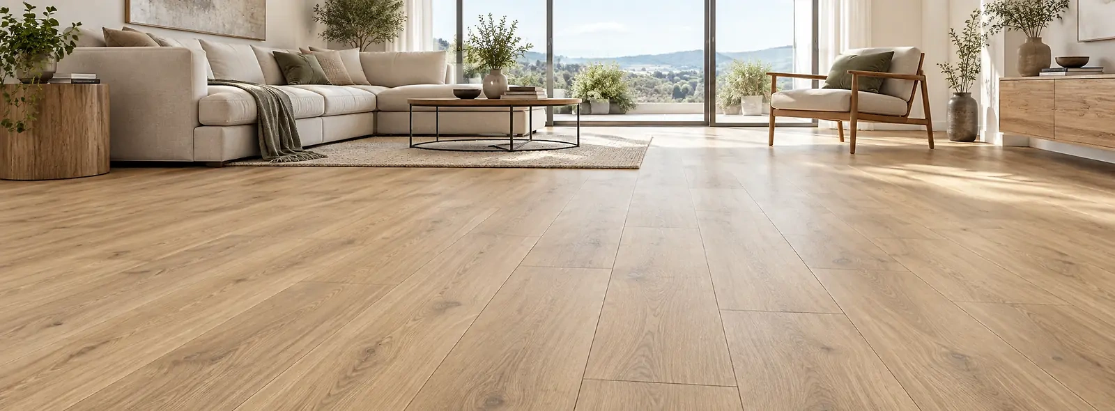 Laminatdielen in nat&uuml;rlicher Holzoptik in einem modernen Wohnraum