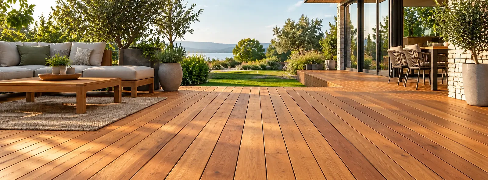 Moderne Gartenterrasse mit warmbraunen Ita&uacute;ba-Holzdielen, nat&uuml;rlicher Maserung und hochwertig gestaltetem Au&szlig;enbereich.