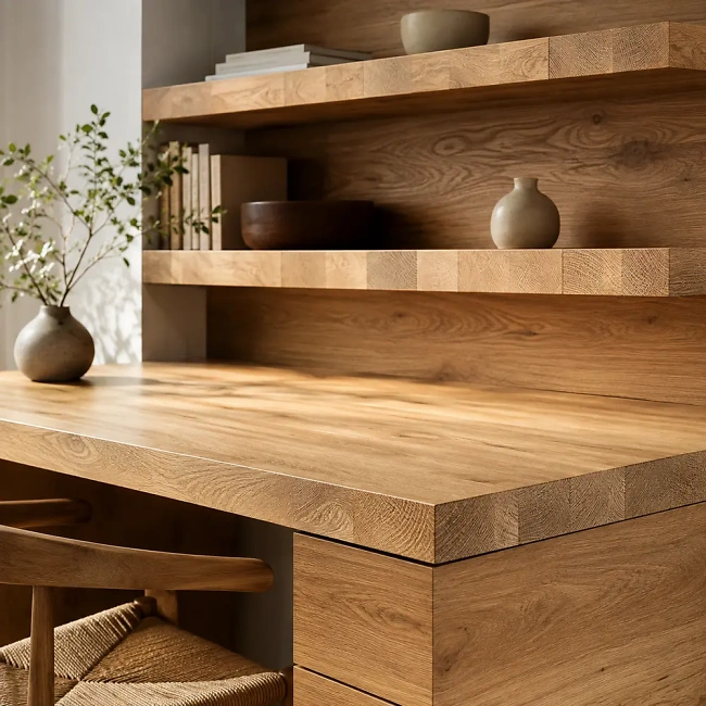 Hochwertige Anwendung von Leimholzplatten aus massivem Holz im modernen Innenausbau. Nat&uuml;rliche Holzoptik f&uuml;r M&ouml;bel, Arbeitsplatten und individuelle Ausbauprojekte bei Leyendecker HolzLand