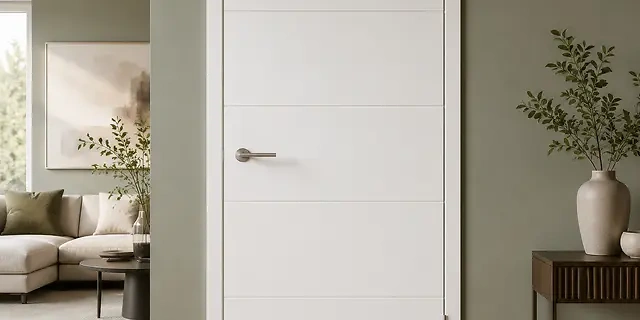 Wei&szlig;e Designt&uuml;r mit modernen Linienfr&auml;sungen