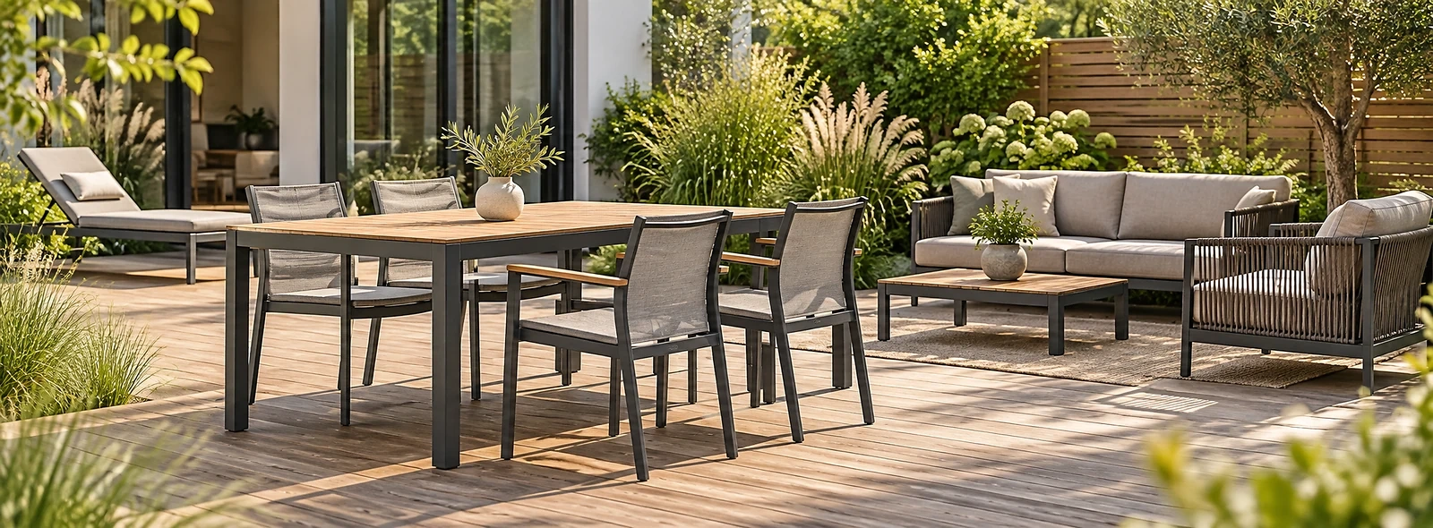 Moderne Gartenm&ouml;bel mit Esstisch, St&uuml;hlen, Loungegruppe und Liege auf einer bepflanzten Holzterrasse.