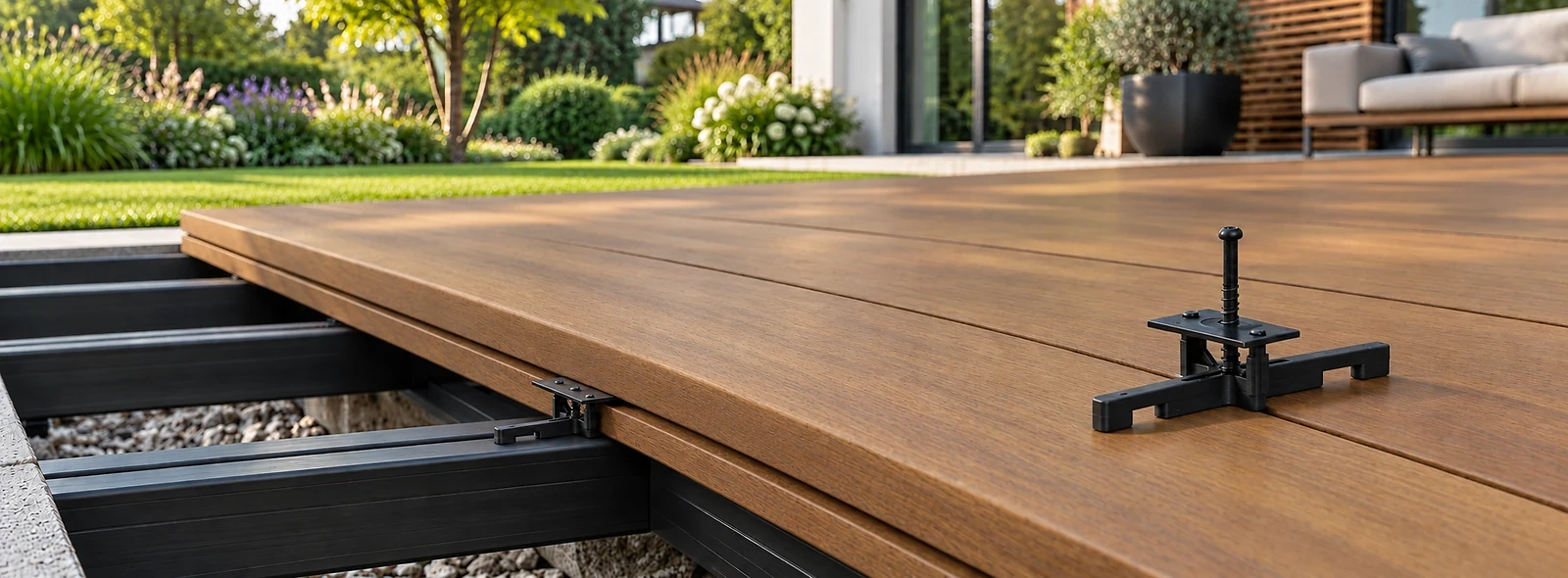 Ip&eacute;-Terrassendiele mit seitlicher Nut und ferax Incavo-Klammer auf einer Aluminium-Unterkonstruktion