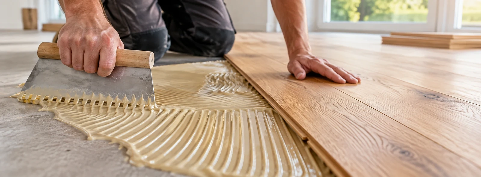 Fu&szlig;bodenkleber wird mit einem Zahnspachtel aufgetragen und Parkett vollfl&auml;chig verklebt