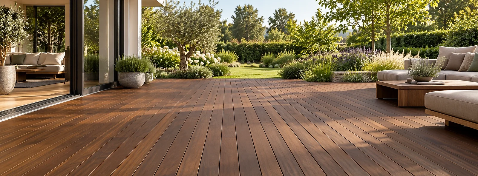 Hochwertige Ip&eacute;-Terrasse in warmem Braun f&uuml;r einen stilvollen Au&szlig;enbereich