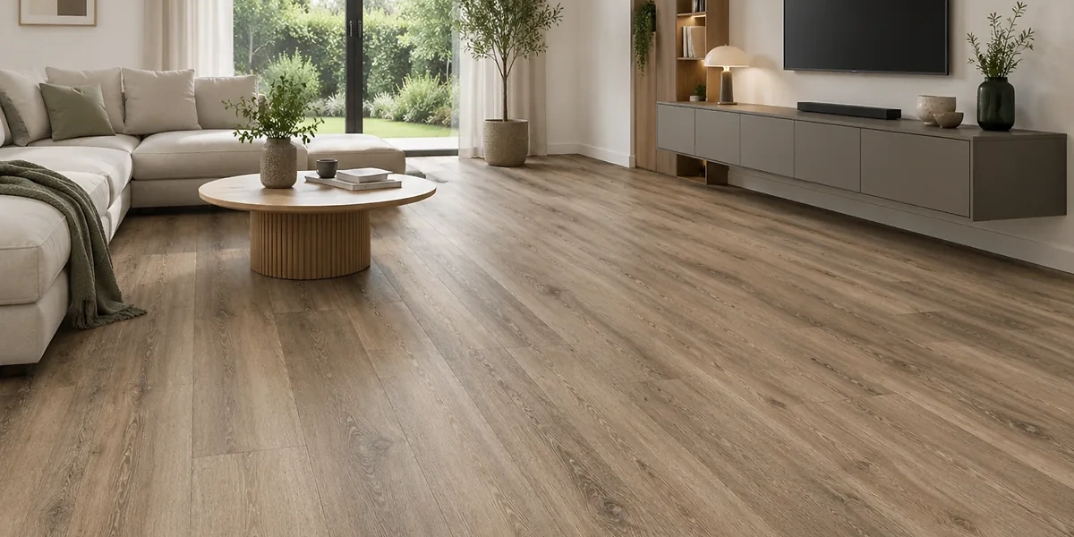 Moderner Klebevinylboden in nat&uuml;rlicher Holzoptik in einem hellen Wohnraum. Die schlanke Dielenwirkung unterstreicht den ruhigen Bodenaufbau und die moderne Raumgestaltung.