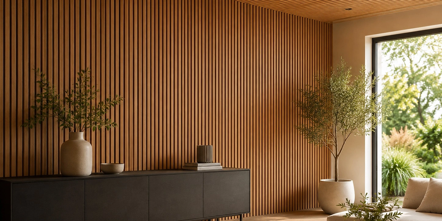 Moderner Wohnraum mit hochwertiger Holzlamellenwand und passender Holzdecke in warmem Naturton. Die klare Architektur, nat&uuml;rliche Materialien und ruhige Einrichtung zeigen moderne Wand- und Deckengestaltung mit Holz.