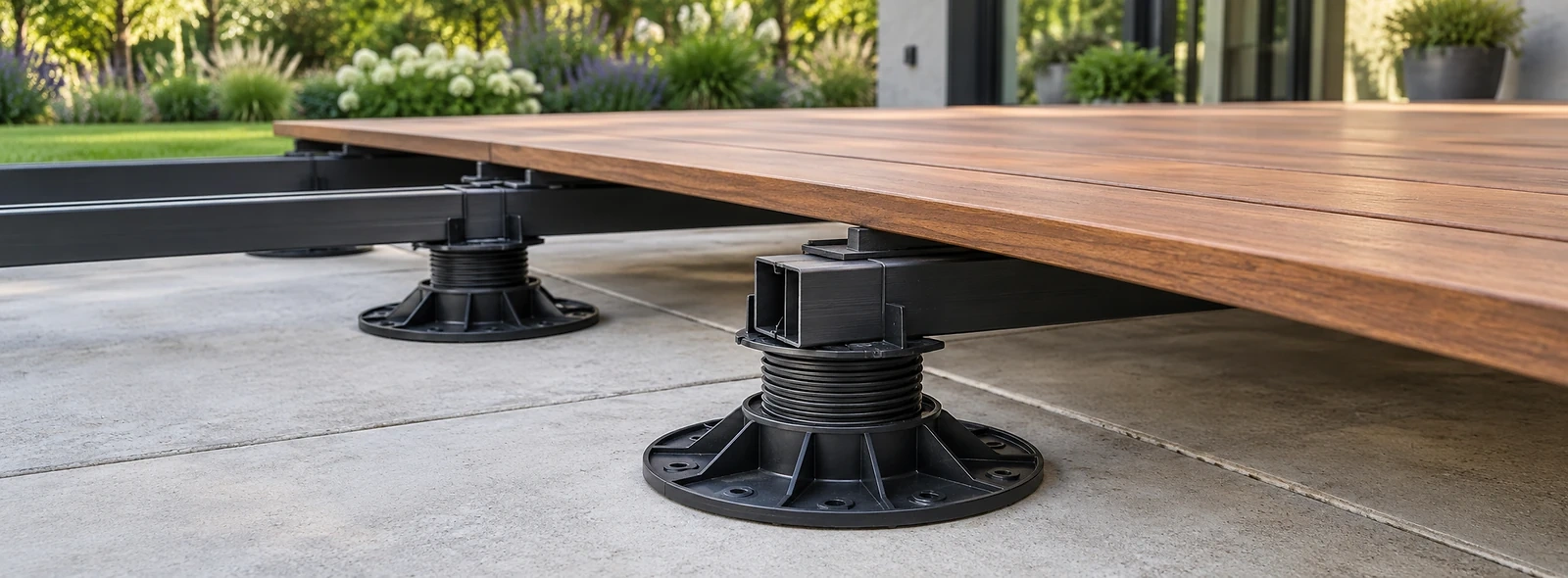 H&ouml;henverstellbare Stellf&uuml;&szlig;e unter einer Aluminium-Unterkonstruktion mit Holz-Terrassendielen.