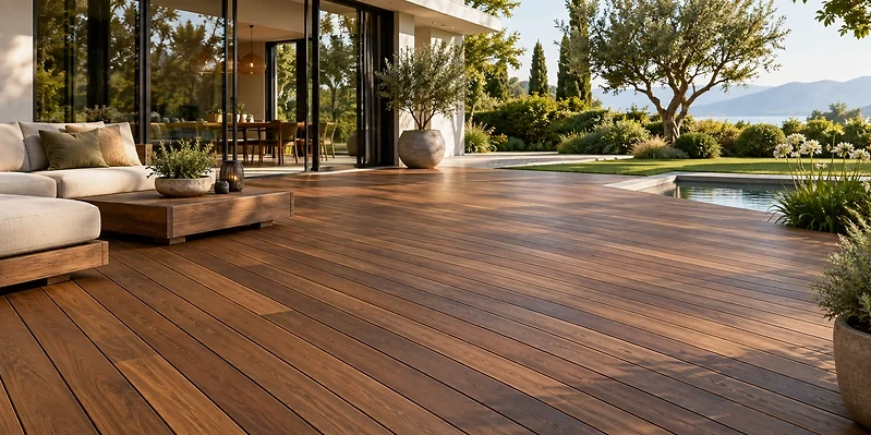 Hochwertige Terrassendielen aus warmbraunem Holz in einem modern gestalteten Au&szlig;enbereich