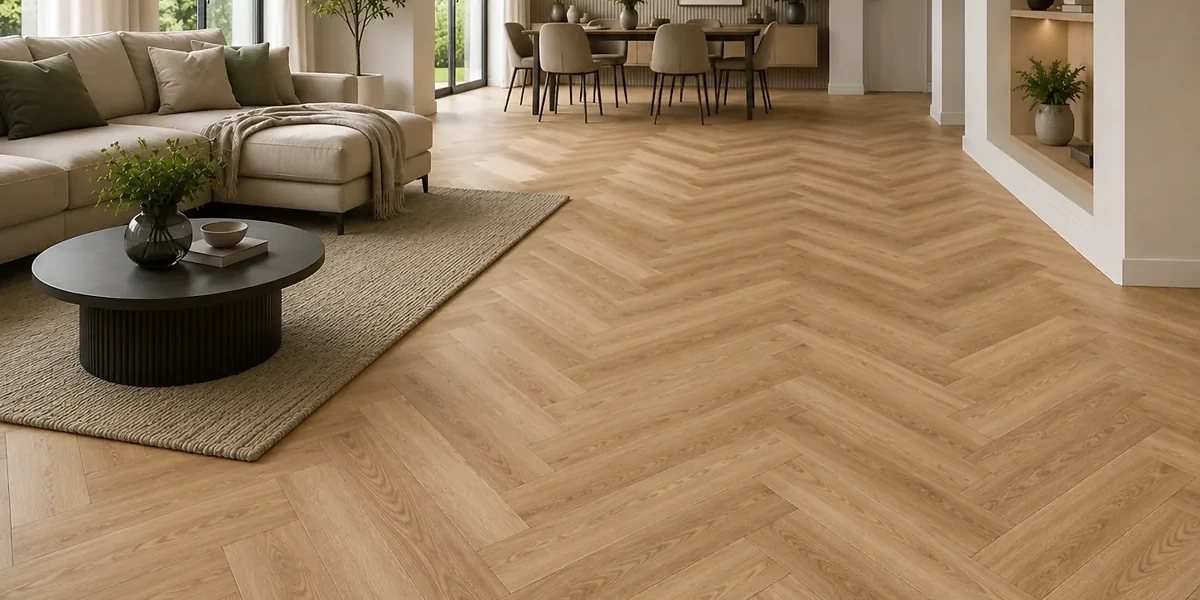 Moderner Vinylboden in Fischgr&auml;t- und Chevronoptik in einem hellen Wohnraum. Das markante Verlegemuster sorgt f&uuml;r eine elegante, lebendige und hochwertige Raumwirkung.