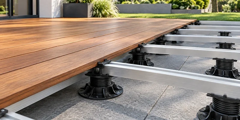 Teilweise verlegte Holzterrasse mit sichtbarer Unterkonstruktion, Befestigung und Stellf&uuml;&szlig;en