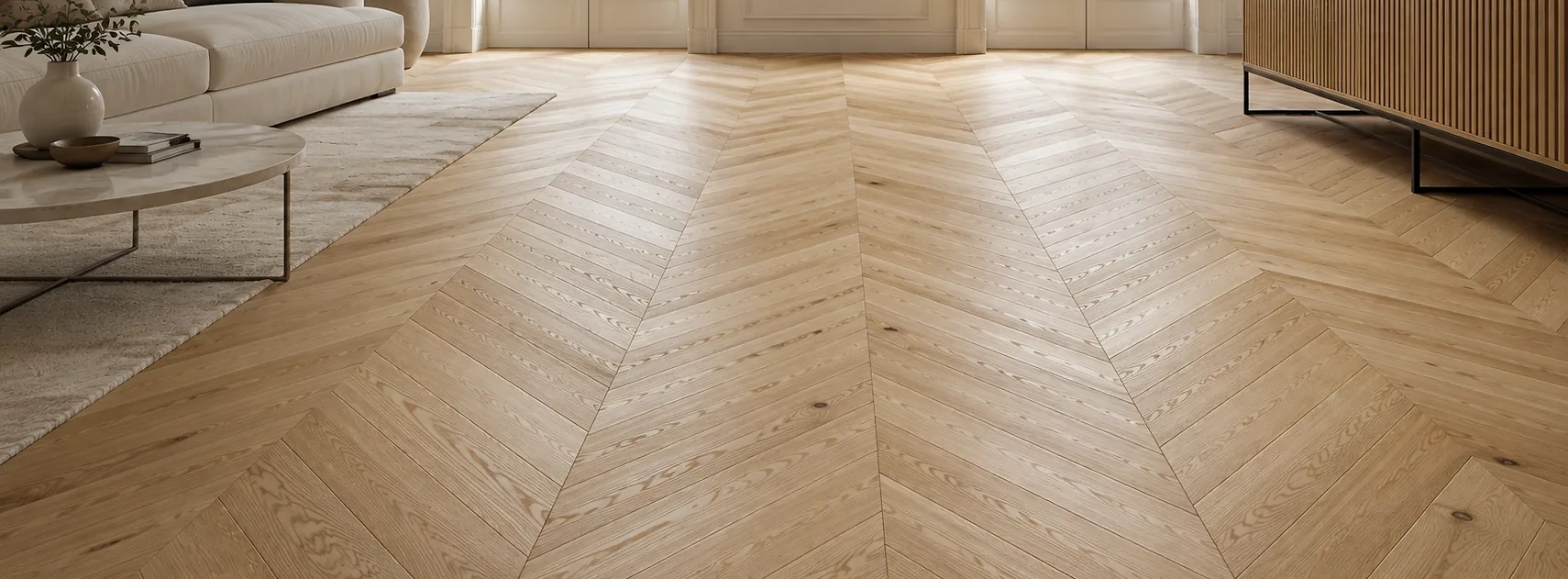 Fischgr&auml;t- und Chevronparkett aus Eiche in einem hellen, modernen Wohnraum. Die klassischen Verlegemuster verbinden nat&uuml;rliche Holzoptik mit einer eleganten und hochwertigen Raumwirkung.