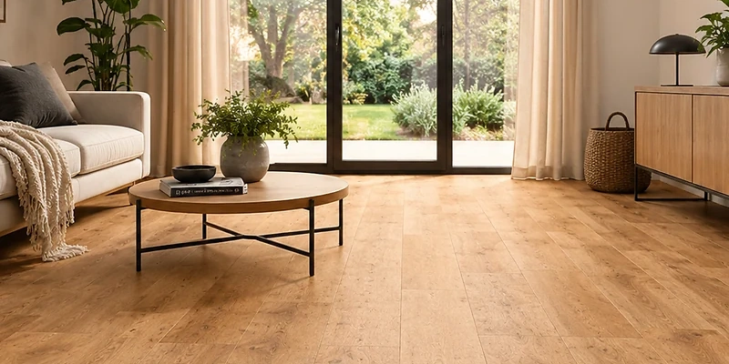 Moderner Wohnraum mit Korkboden in nat&uuml;rlicher Holzoptik. Die Oberfl&auml;che verbindet die warme Ausstrahlung eines Holzbodens mit dem angenehmen Laufkomfort von Kork.
