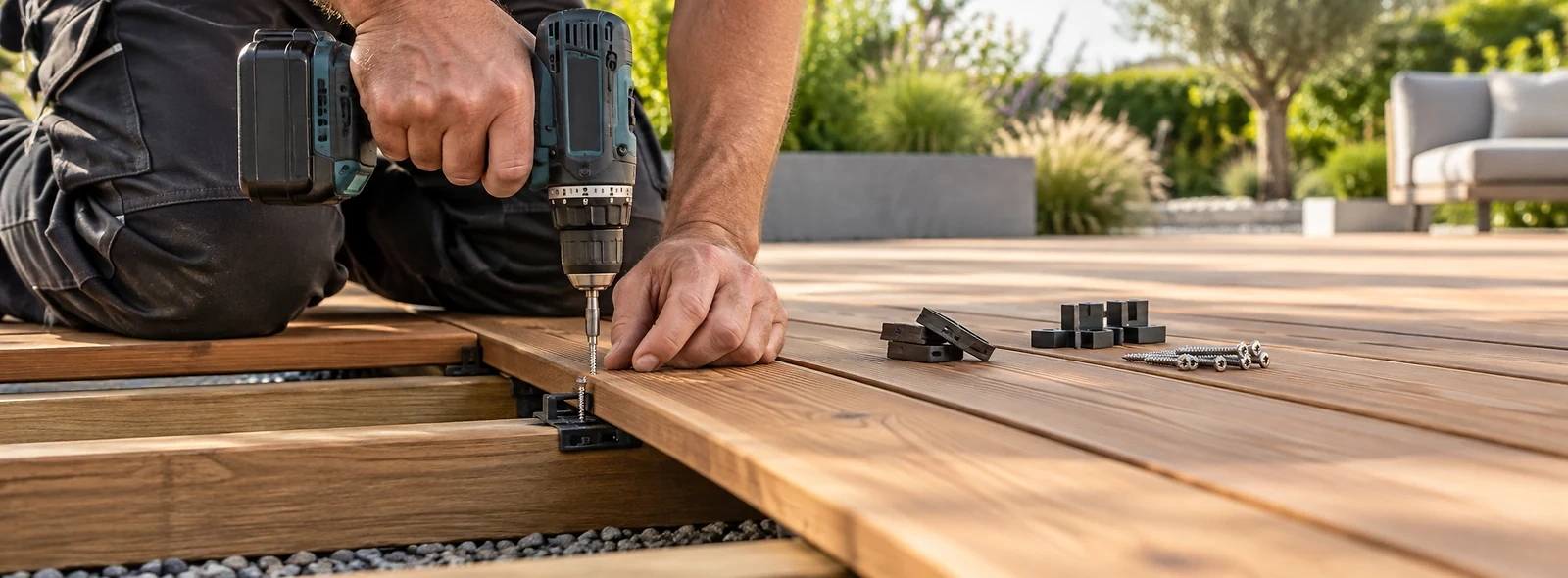 Nahaufnahme der Montage einer Holzterrasse mit Befestigungsmaterial und Montagezubeh&ouml;r.
