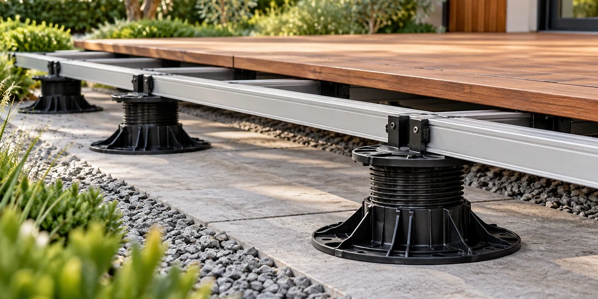 H&ouml;henverstellbare Stellf&uuml;&szlig;e tragen eine Aluminium-Unterkonstruktion unter einer Holzterrasse.