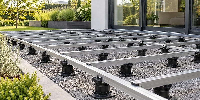 Professionell ausgerichtete Aluminium-Unterkonstruktion auf verstellbaren Terrassenf&uuml;&szlig;en