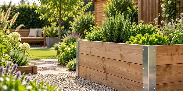 Gartengestaltung mit einem Hochbeet aus Holz, Pflanzen und nat&uuml;rlichen Materialien. Inspiration f&uuml;r individuelle Gartenideen mit Holz.