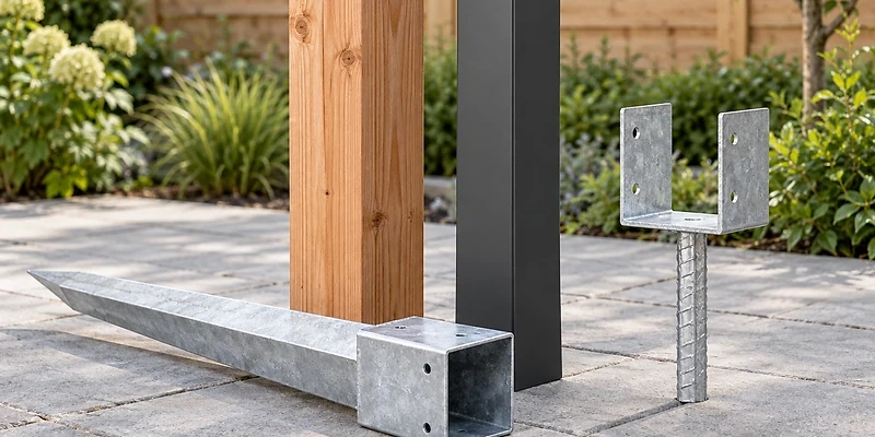 Holzpfosten und anthrazitfarbener Metallpfosten mit verzinktem Pfostenanker und Einschlagbodenh&uuml;lse vor einem Gartensichtschutz.