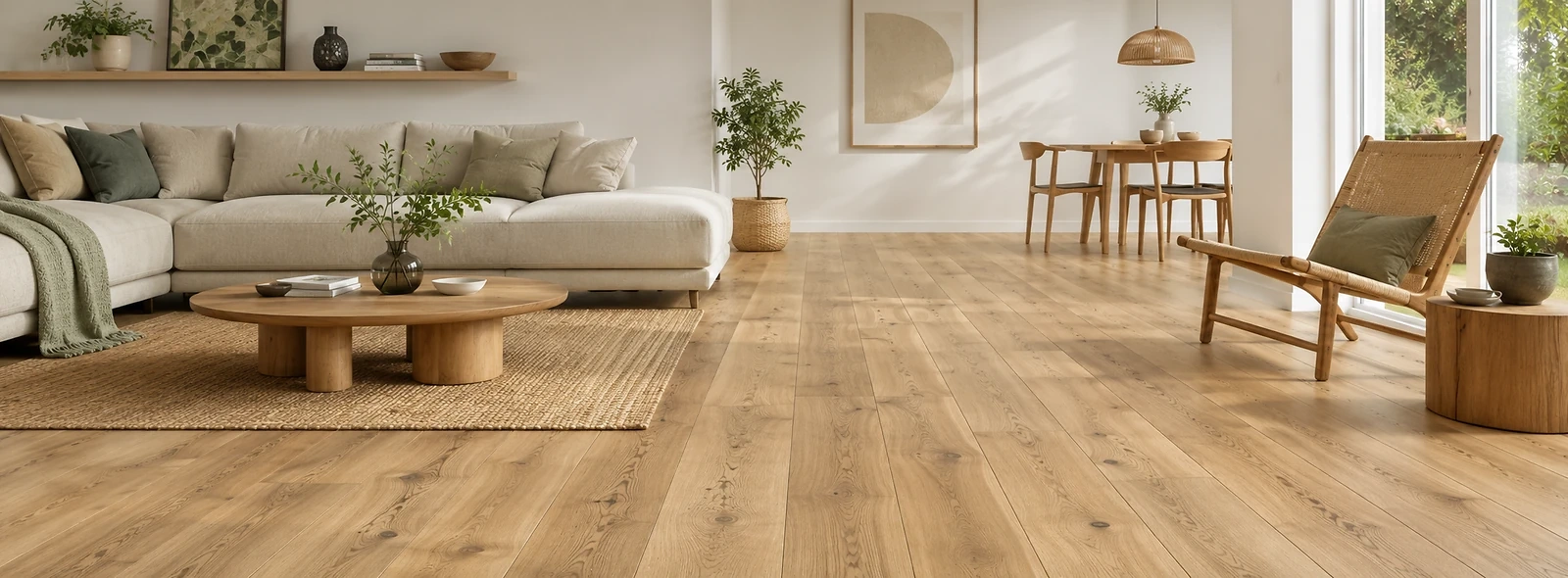 Heller moderner Wohnraum mit Korkboden in nat&uuml;rlicher Holzoptik. Der Boden verbindet die warme Wirkung einer Holzdiele mit dem angenehmen Laufkomfort eines Korkbodens.
