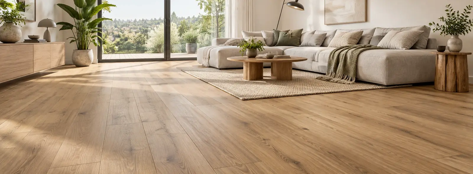 Moderner Wohnraum mit hochwertigem Laminatboden in nat&uuml;rlicher Eiche-Optik. Entdecken Sie Laminatb&ouml;den bei Leyendecker HolzLand in Trier.