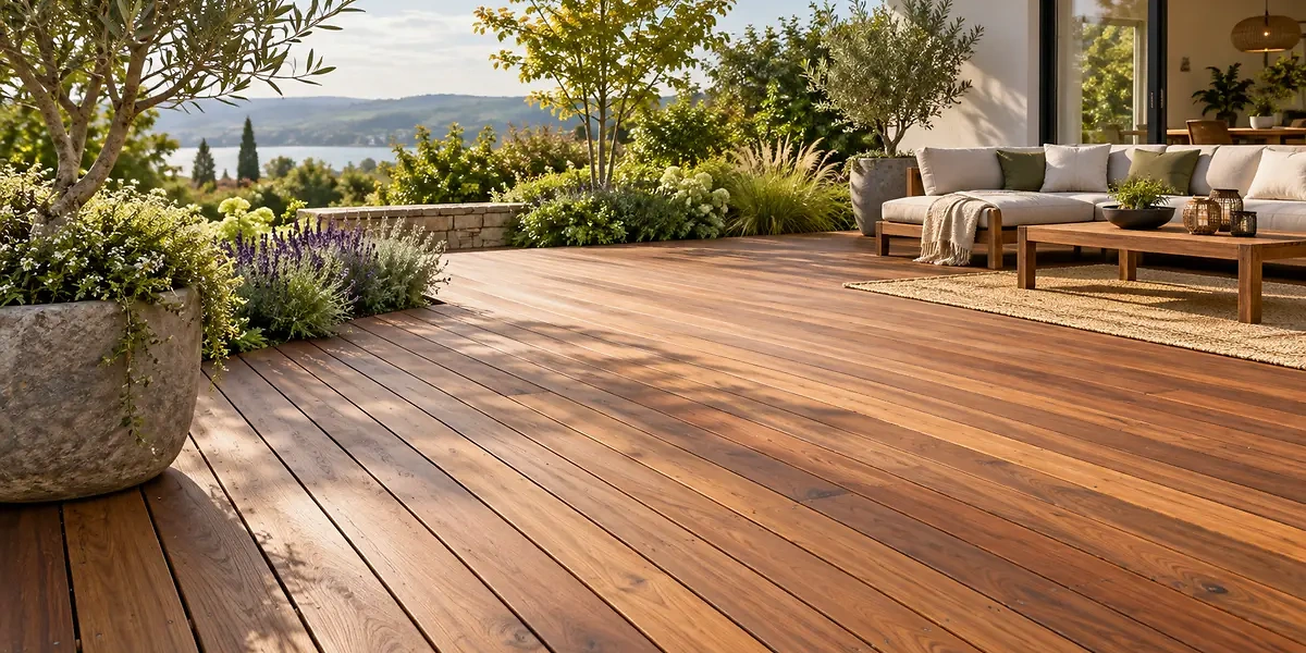 Hochwertige Holzterrasse mit nat&uuml;rlich gemaserten Terrassendielen in einem modern gestalteten Garten.