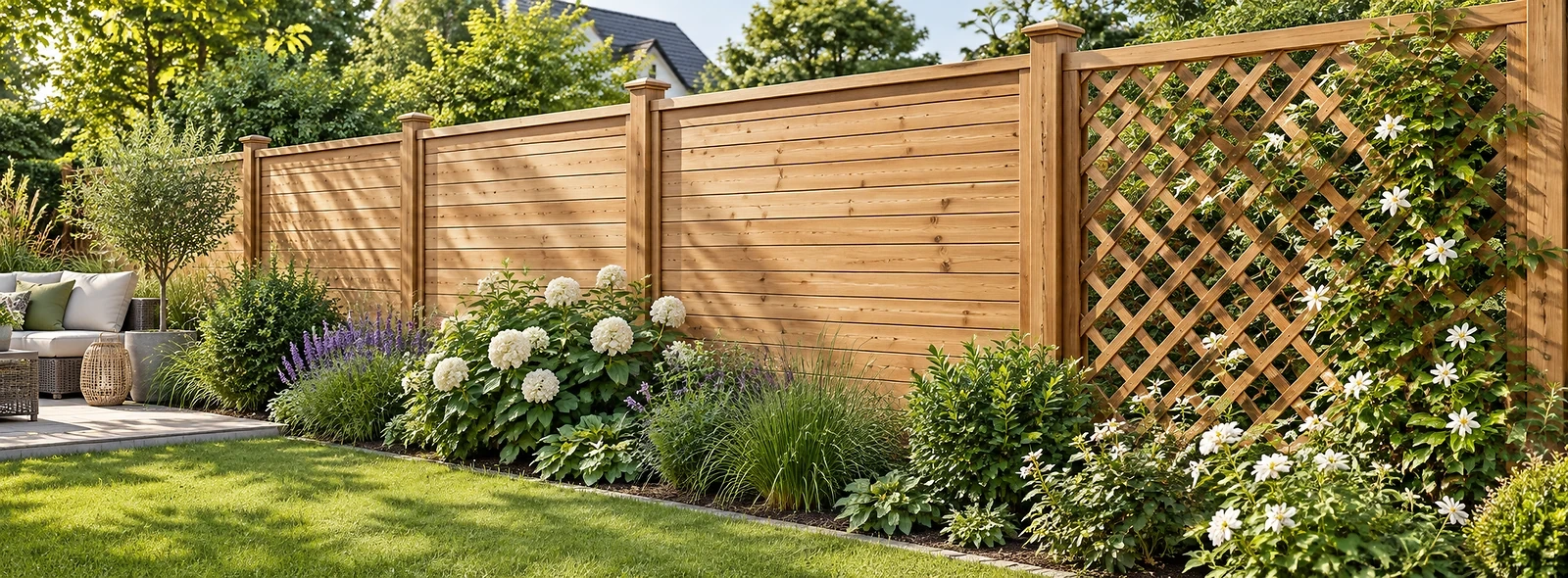 Holz-Sichtschutz mit waagerechten Brettern und einem Rankgitter mit bl&uuml;henden Kletterpflanzen neben einem Gartensitzplatz.