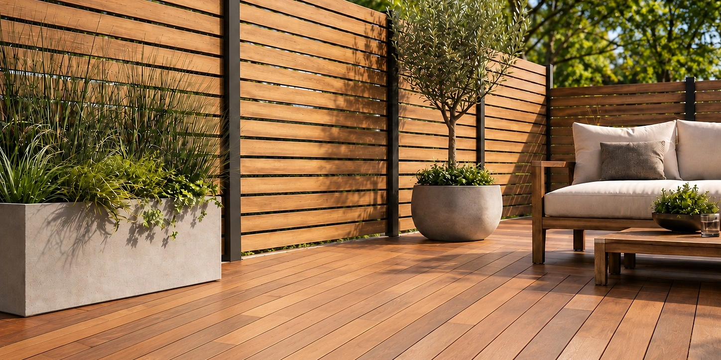 Moderne Holzterrasse mit klar sichtbaren Terrassendielen und hochwertigem Sichtschutz aus Holz. Die gepflegte Gartengestaltung und nat&uuml;rliche Holzoptik zeigen eine moderne und hochwertige Au&szlig;enanwendung.