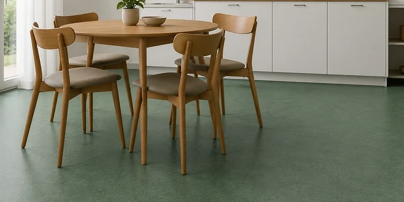 Moderner Wohnraum mit Linoleumboden. Linoleum verbindet eine nat&uuml;rliche Materialbasis mit einer pflegeleichten Oberfl&auml;che und vielseitigen Gestaltungsm&ouml;glichkeiten.