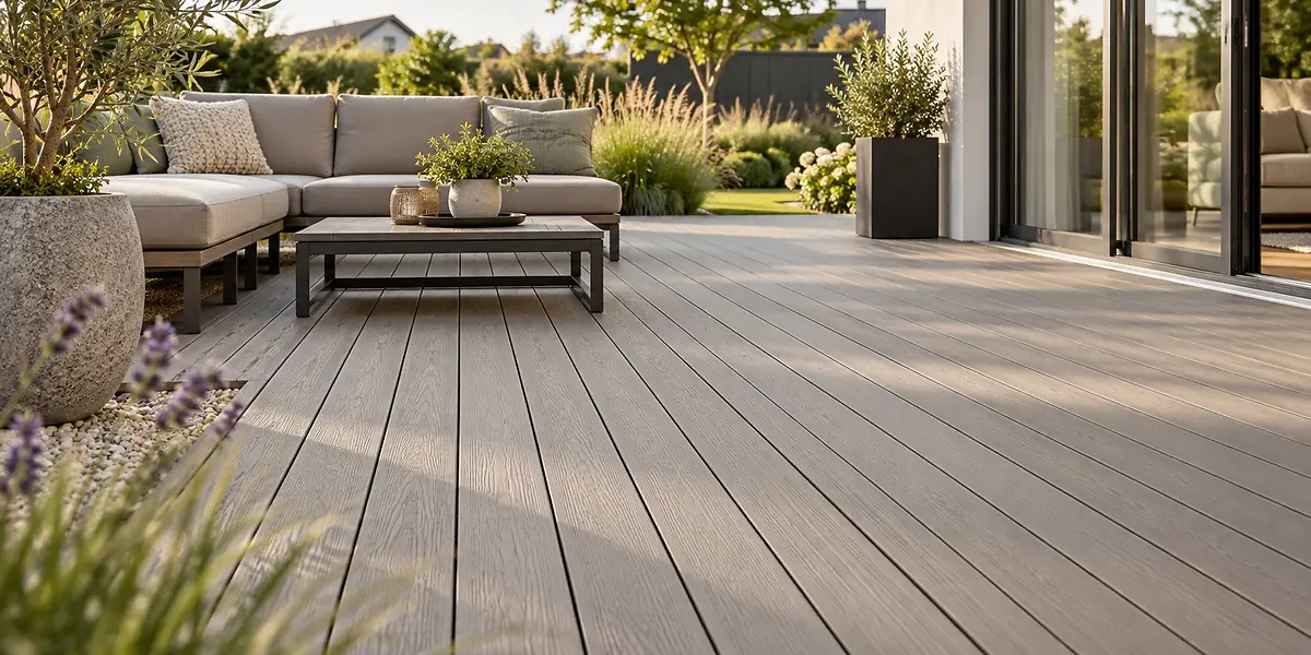 Moderne Terrasse mit gleichm&auml;&szlig;ig strukturierten WPC- und BPC-Dielen in einem gepflegten Garten.