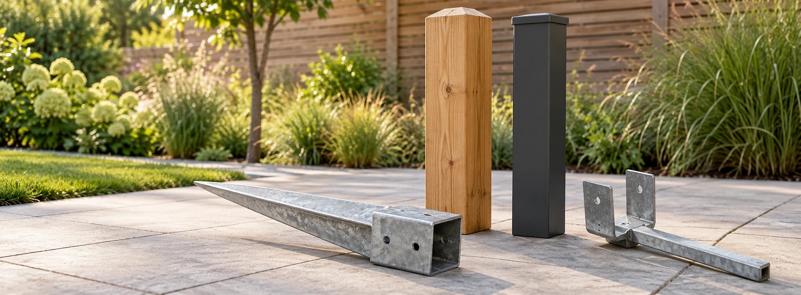 Holzpfosten und anthrazitfarbener Metallpfosten mit verzinktem Pfostenanker und Einschlagbodenh&uuml;lse auf einer Gartenfl&auml;che.