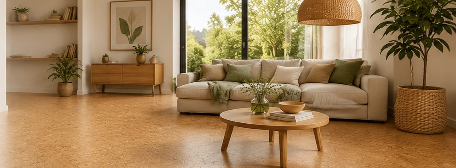 Heller moderner Wohnraum mit nat&uuml;rlicher Bodenoberfl&auml;che, warmen Holzt&ouml;nen und viel Tageslicht. Das Motiv unterstreicht den nat&uuml;rlichen Charakter von Kork, Linoleum und modernen Natur-Designb&ouml;den.