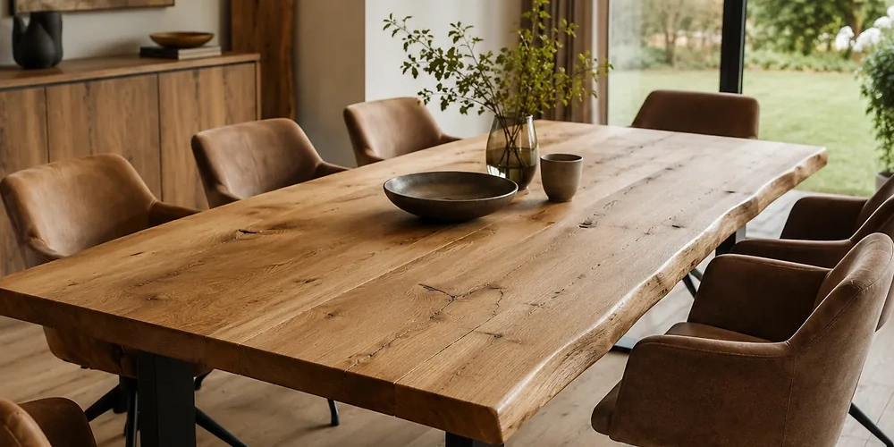 Hochwertiger Massivholztisch aus rustikaler Eiche mit nat&uuml;rlicher Baumkante und schwarzem Metallgestell, kombiniert mit modernen gepolsterten Designst&uuml;hlen f&uuml;r stilvolle Essbereiche bei Leyendecker HolzLand.