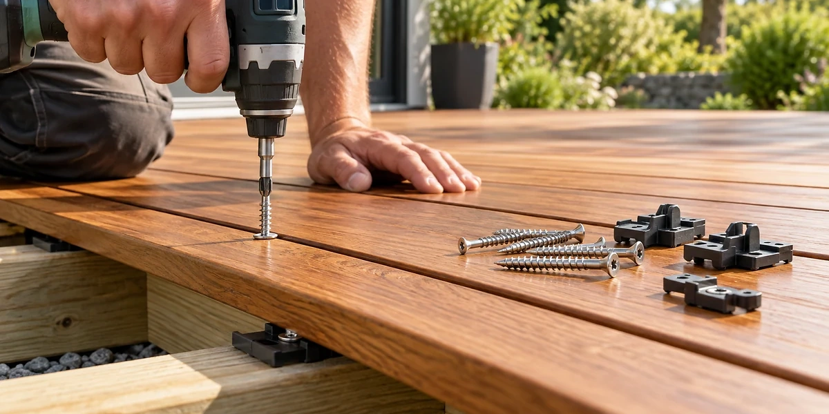 Eine Holz-Terrassendiele wird mit einem Akkuschrauber befestigt; Schrauben und Clips liegen daneben.