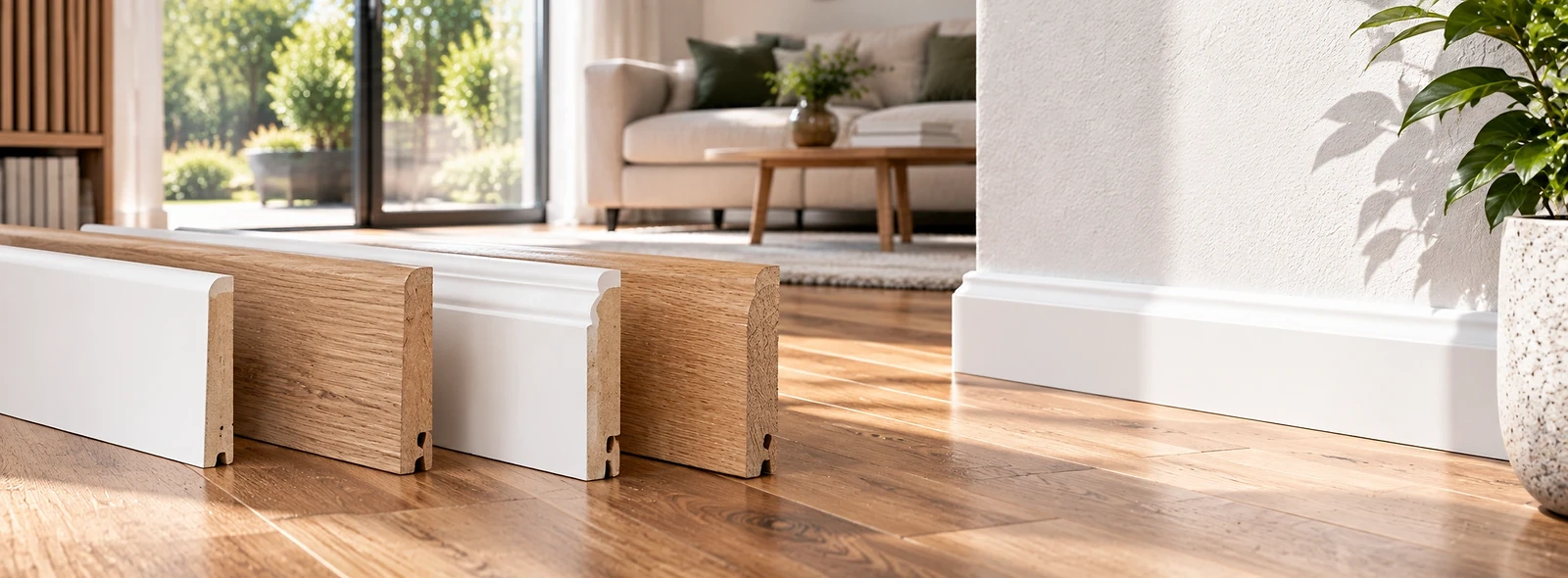 Wei&szlig;e und holzfarbene Sockelleisten an einem hochwertigen Holzboden im modernen Wohnraum