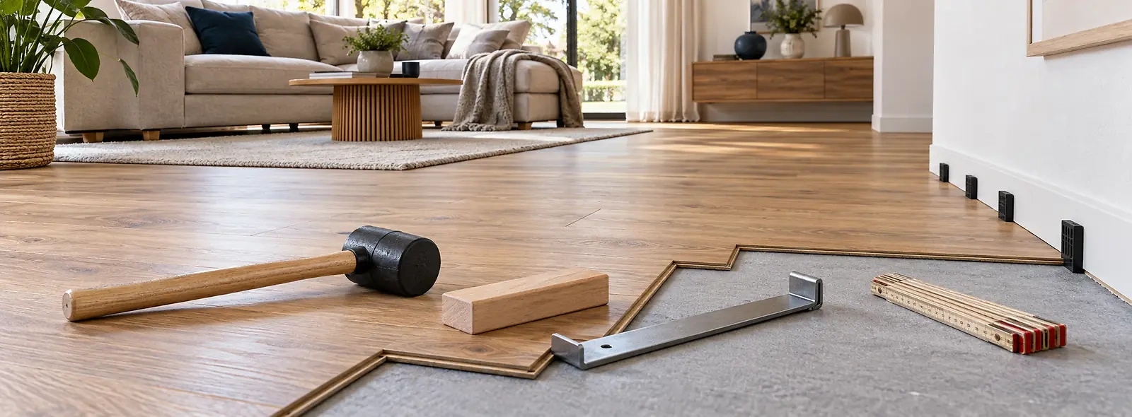 Heller Wohnraum mit teilweise verlegtem Holzboden und ausgew&auml;hltem Verlegezubeh&ouml;r. Schlagklotz, Zugeisen, Gummihammer und Abstandskeile unterst&uuml;tzen eine pr&auml;zise und materialschonende Montage.