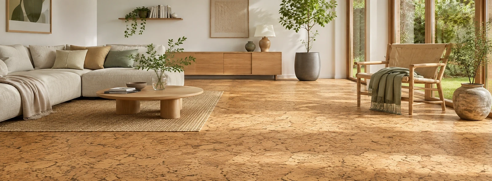 Heller moderner Wohnraum mit nat&uuml;rlichem Korkboden. Naturkork und Korkparkett verbinden eine charakteristische Oberfl&auml;che mit einem angenehm warmen, elastischen Laufgef&uuml;hl und einer nat&uuml;rlichen Wohnwirkung.